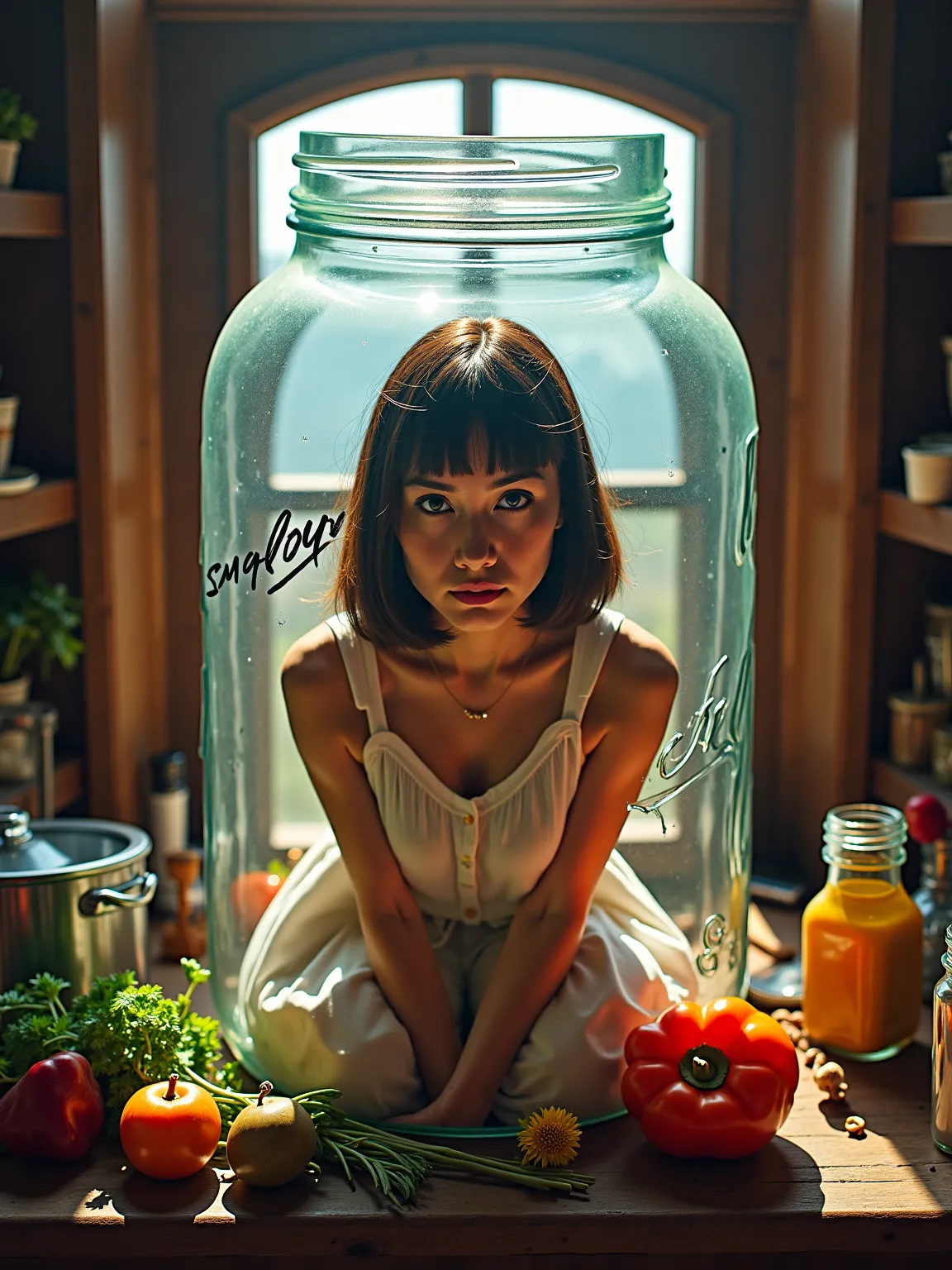 A top down photographic style shot of a woman, brown skin, straight hair with blunt bangs, brown eyes. The woman is kneeling alone inside of a giant glass mason jar with the lid on, on a giant wooden windowsill with various utensils, containers, and herbs ...