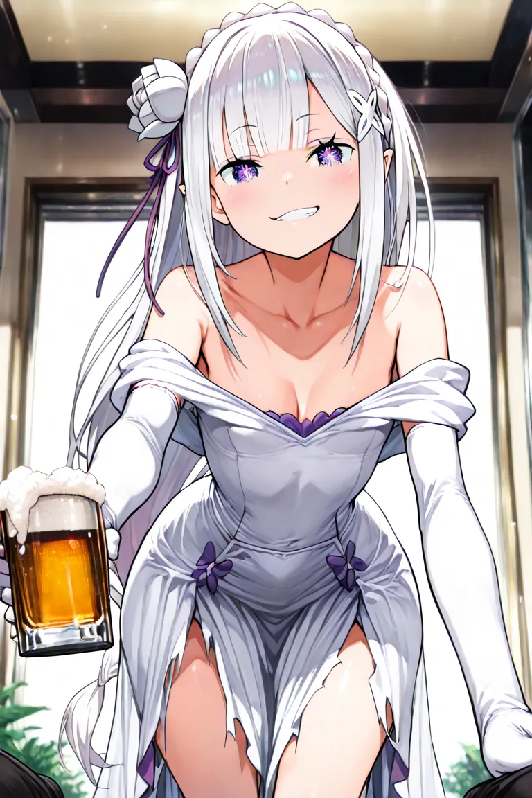  (masterpiece:1.2), (best quality:1.2), newest, intricate details, perfect anatomy,  1girl :1.2, (Emilia (re:Zero):1.2), ((plain white wedding dress:1.1, long dress:1.2, off-shoulder dress:1.5, sleeveless:1.3, front slit:1.3, torn dress skirt:1.4, white el...