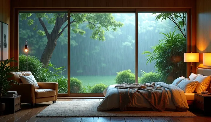 "A cozy bedroom with large, floor-to-ceiling windows that overlook a lush garden drenched in rain. The room is dimly lit with warm, ambient lighting, and the sound of raindrops pattering against the glass creates a soothing atmosphere.

