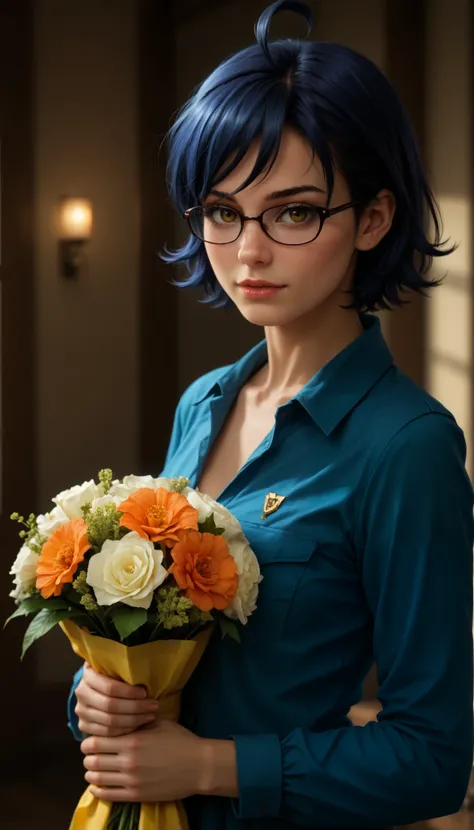 score_9, score_8_up, score_7_up, score_6_up, realistic, mz, glasses, ahoge, short hair, blue hair, detailed portrait of a young girl with striking yellow eyes, 8K Ultra HD with cinematic lighting, ray tracing, smooth skin, subtle blemishes. The soft reflec...
