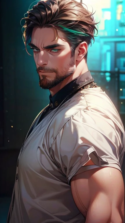 (  best quality,4K,8k,   highres,  masterpiece :1.2) ,(Realistic,photoRealistic,photo-Realistic:1.37),36-year-old man,3 day beard,Beautiful anime,Portraits,strong,masculine,       hair with dark hair  ,sharp jaw,        mesmerizing green eyes   ,    perfec...