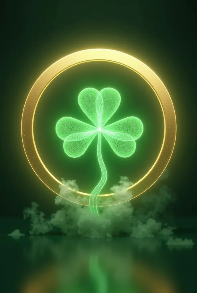 A green clover leaf inside a golden circle, simple and elegant design, glowing softly, futuristic and symbolic, transparent background, highly detailed, 4k resolution --ar 16:9