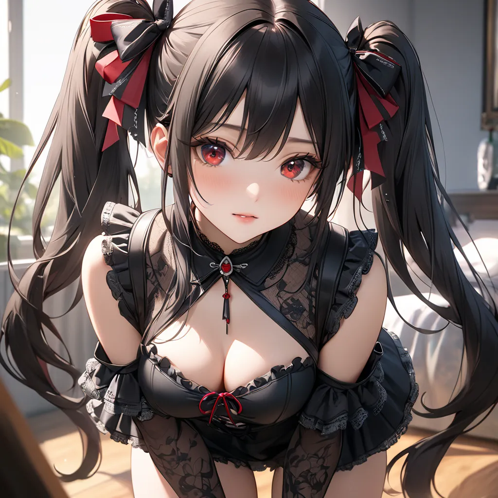 1 girl, solo, High Resolution度, long hair, masterpiece, long hair,  black hair, twin tails, ストレートのlong hair,  quick, bungs, 大きなchest, chest, red eyes、 gothic、 frill、 thighs、beautiful、beauties、Fair skin、ribbons、best quality, masterpiece, High Resolution、bea...