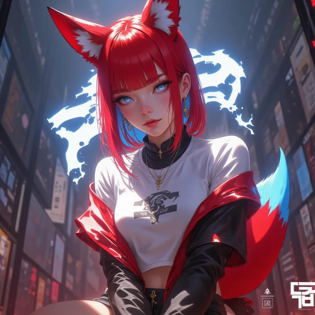  Female character , red hair,  neat hairstyle , blue eyes, long sleeve t-shirt, shorts,  Naruto universe , With the ears and tail of a red fox with blue tips