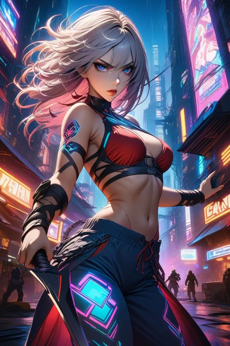  Sexy female warrior standing with a parasol, blue and white short dolphin pants bottoms, sexy body, perfect hourglass body, cog shaped blue and red bikini top, chain decoration,  sternum, side chest exposure, Open Finger Gauntlet, futuristic neon tattoo, ...