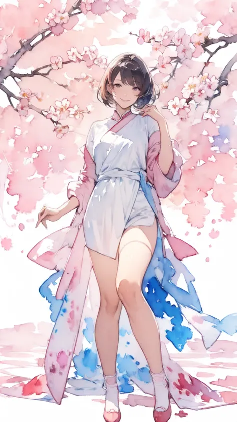 (masterpiece),(Top Quality:1.2),(very well detailed:1.2),(High Resolution),(((watercolor))),8k,Portrait of a woman smiling sweetly,full body,透明watercolor,shades,Bleeding,Blur、Portrait of a woman smiling sweetly with plum blossoms in the background