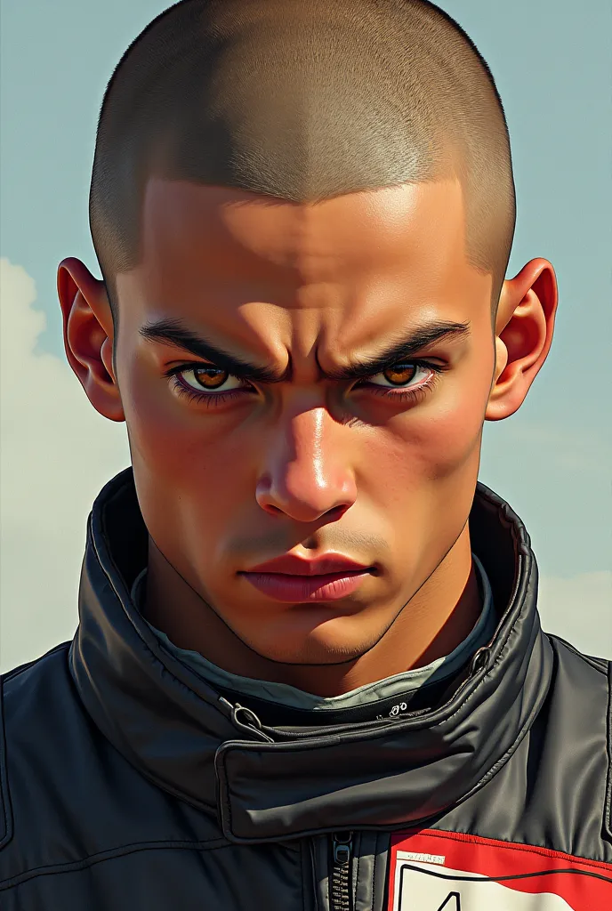 Chat, create profile picture image, Of an 18-year-old racing boy with brown eyes, shaved white hair, with a look of revenge, in the same way more similar to drawing