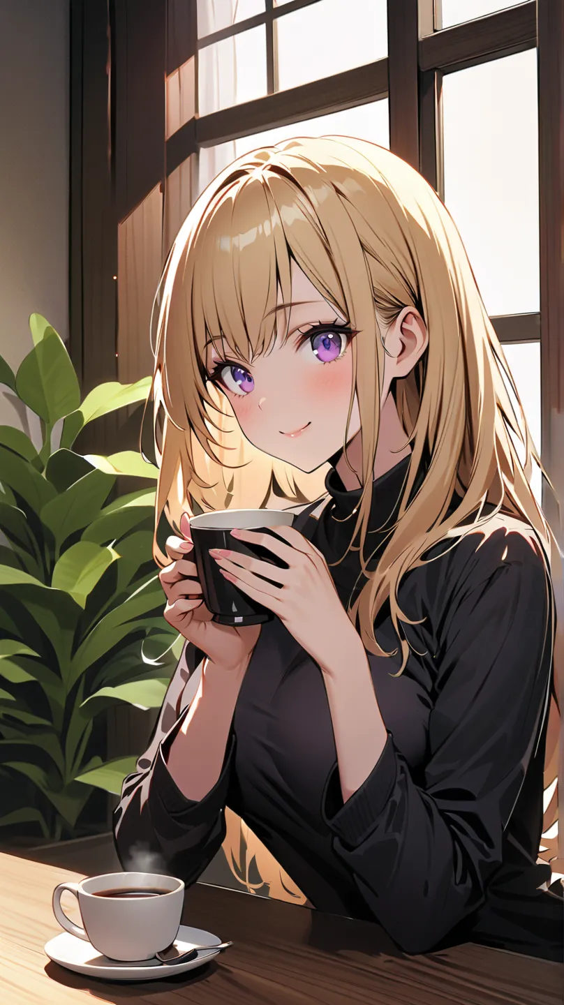 1 girl, alone, solo,
((Top Quality、High Resolution、highly detailed 8K wallpaper))

purple eyes, long hair,blonde hair,medium boobs, Adult women ,mature,

woman in stylish plain clothes holding a cup with one hand、drinking coffee at a cafe。Hold the cup with...