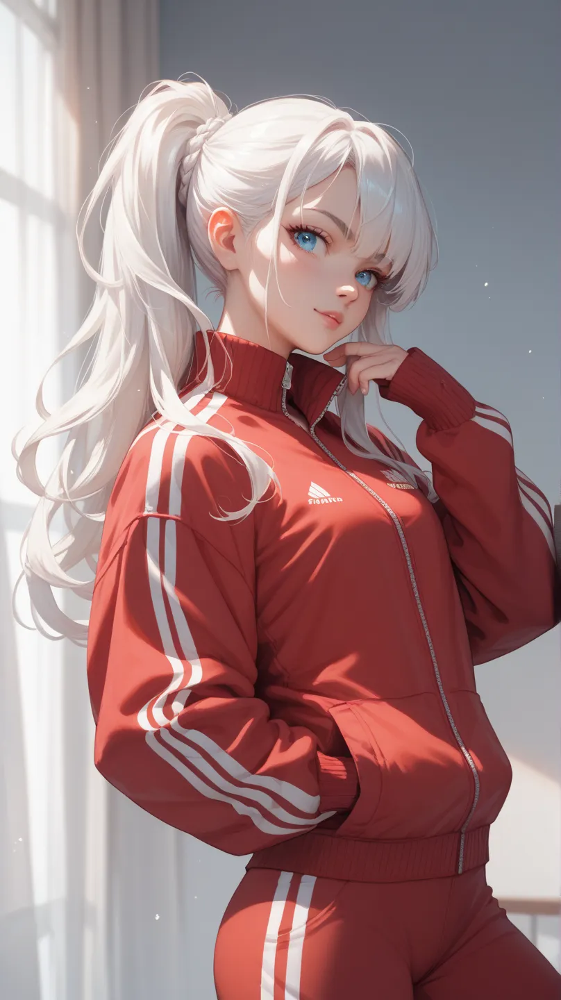 Anime girl with white hair,blue eyes,and a red tracksuit