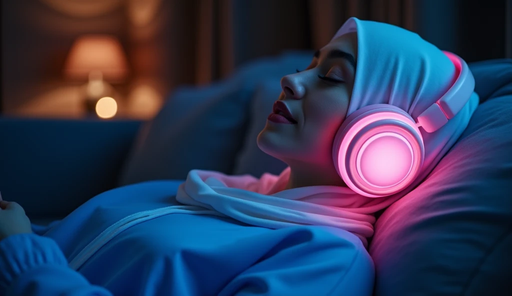 A beautiful MUSLIM young women, wearing a blue abaya and white hijab, is lying on the sofa with his eyes closed, listening to something through large, glowing pink headphones. The scene has a peaceful and relaxing atmosphere, with soft lighting. A subtle g...