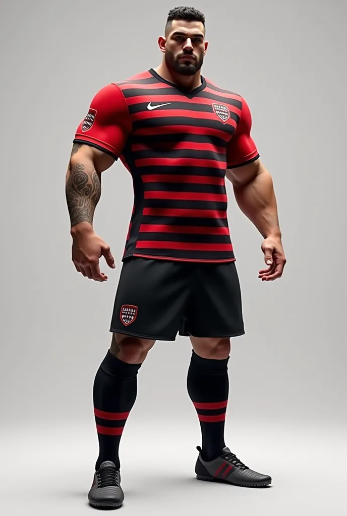 Soccer t-shirt with horizontal red and black stripes and black shorts