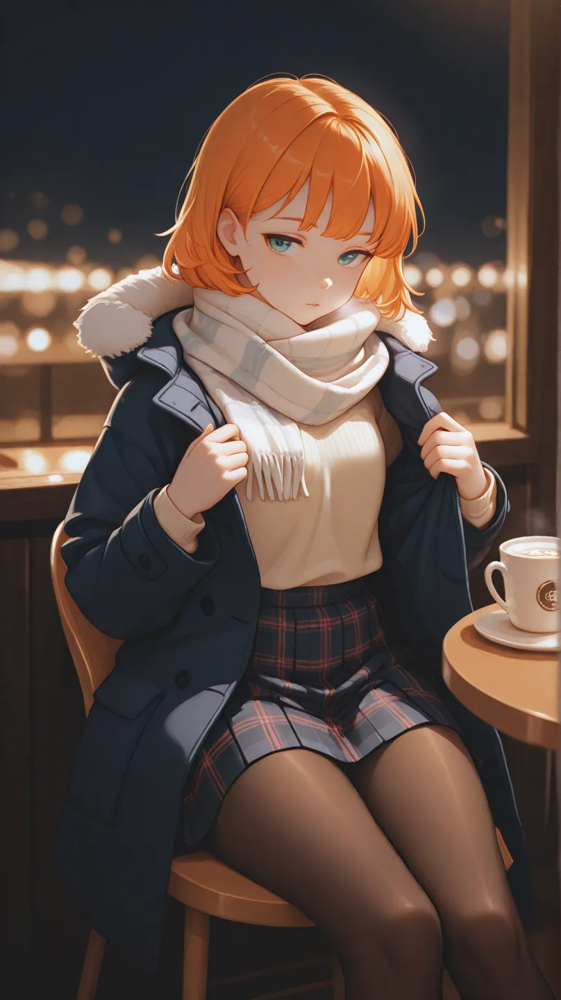 1girl, solo, short ginger hair, bangs, night, sitting at cafe, winter coat, scarf, plaid skirt, pantyhose, undressing coat, depth of field, bokeh, detailed background, incredibly absurdres, highres, masterpiece, newest