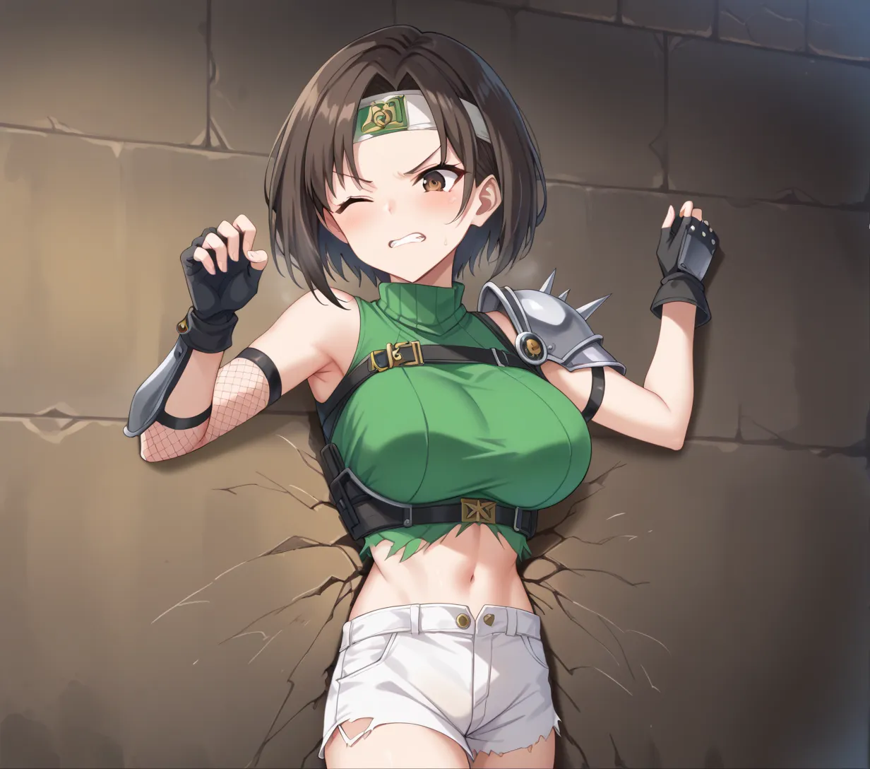 score_9, score_8_up, score_7_up, best quality, masterpiece, source_anime, anime screenshot, BREAK,  1girl, stuck in wall, through wall, from front, masterpiece, best quality, solo, 1girl, yuff7, short hair, brown eyes, forehead protector, green turtleneck,...