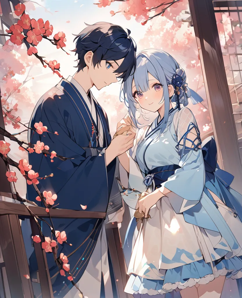 couple、Lots of plum blossoms、 pair look、Blue dress、Good friends