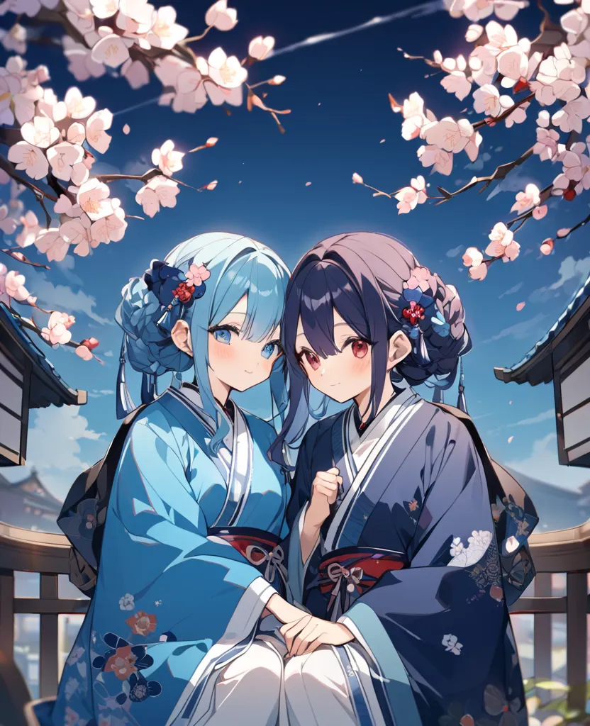 couple、Lots of plum blossoms、 pair look、Blue dress、Good friends