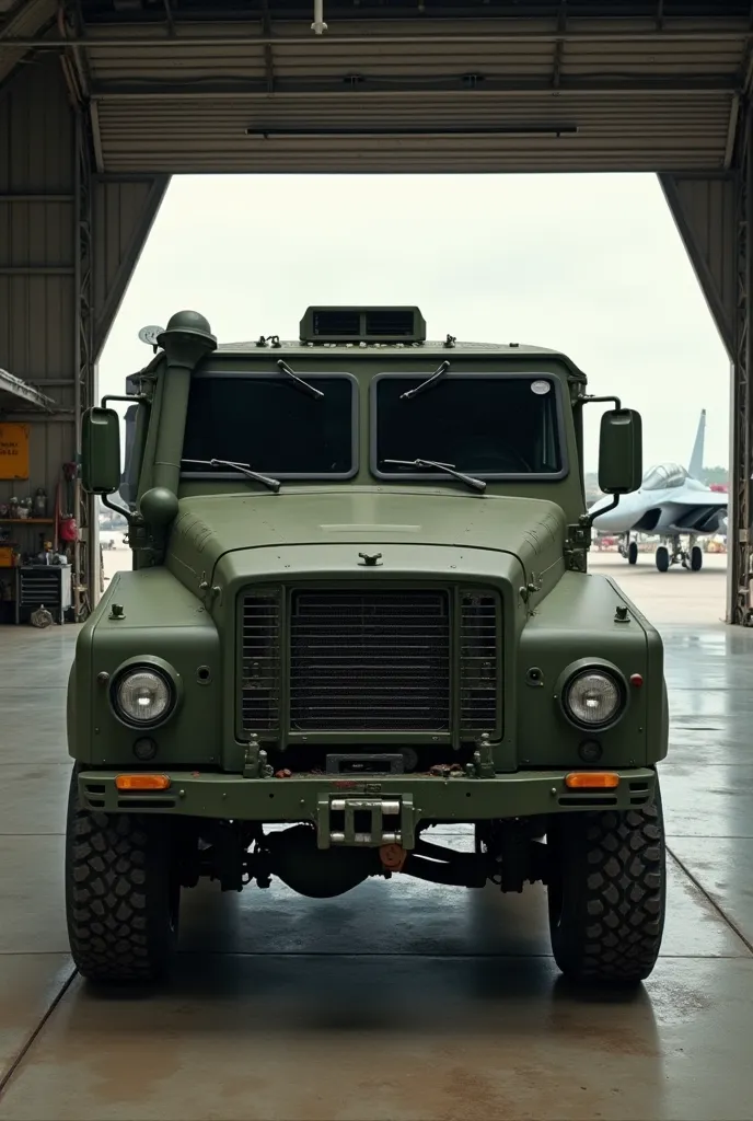 A typical Israeli military combat vehicle in army green with dark black windows,walking into the garage of a typical Israeli military headquarters fighter plane, there are several typical Israeli military fighter planes right next to it, zoom camera, very ...