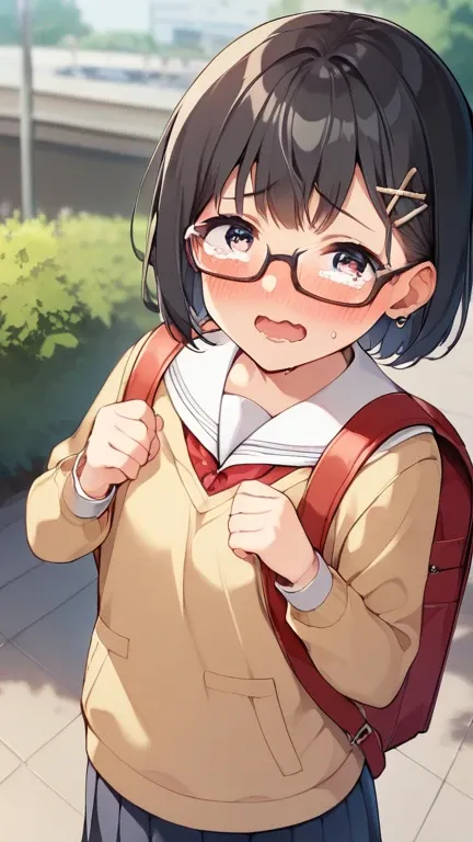 score_9, score_8_ up, score_7，  source_anime，nsfw，uncorrected，cute girl，  elementary school student toddler flat chest，Low body， body type， school uniform、black hair short hair、Glasses，tearful eyes in the store 、Park with lake and forest 、Bright outdoors、c...