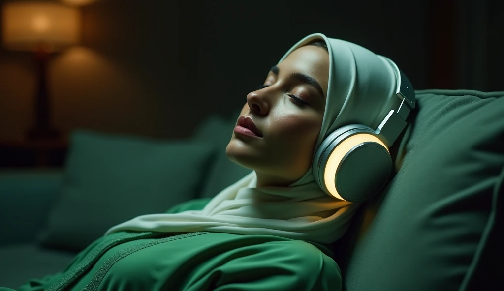 A beautiful MUSLIM young women, wearing a green abaya and white hijab, is lying on the sofa with his eyes closed, listening to something through large, glowing silver headphones. The scene has a peaceful and relaxing atmosphere, with soft lighting. A subtl...