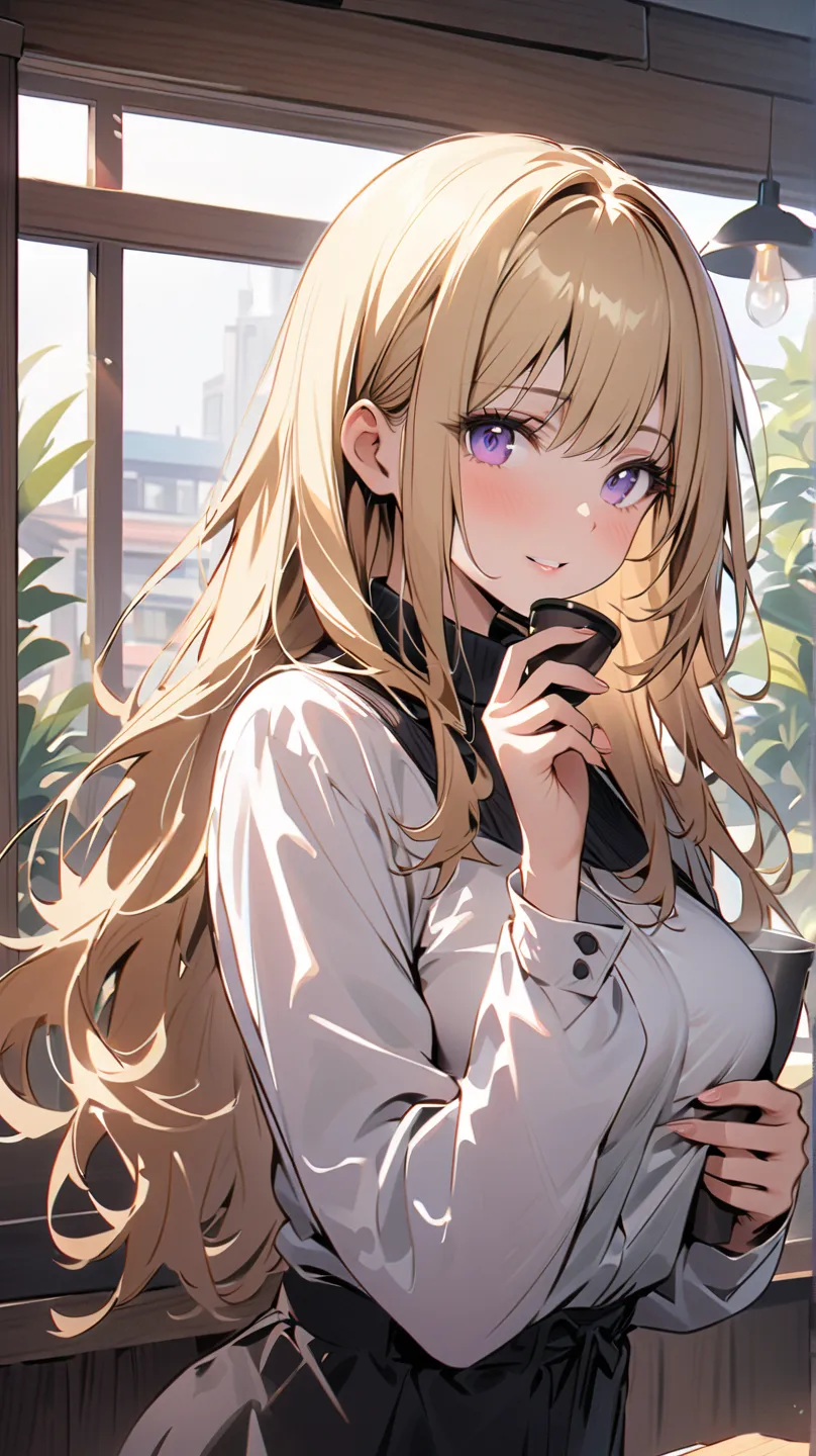 1 girl, alone, solo,
((Top Quality、High Resolution、 highly detailed 8k wallpaper))

purple eyes, long hair,blonde hair,medium boobs, Adult women ,mature,

woman in stylish plain clothes holding a cup with one hand、drinking coffee at a cafe。Hold the cup wit...