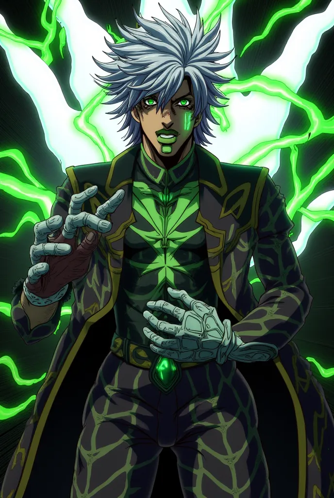 
Prompt (inglês para melhor resultado):
*"A 17-year-old male character with messy white hair that has glowing green highlights. He has a cold yet playful expression, with sharp, intense eyes. His outfit is highly exaggerated in the style of JoJo’s Bizarre ...