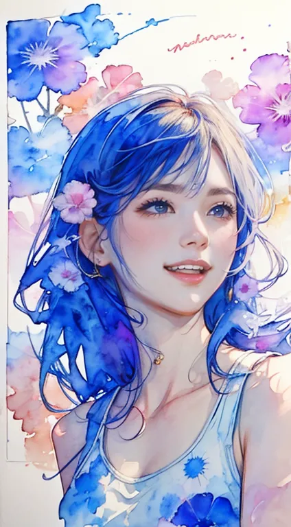 8k,masterpiece,Top Quality, from below , from below ,dynamic pose,I'm contacting a 30 year old girl {{x}}, portrait,  floral ,  watercolor sketch , light, long hair,  reach out,laughs,  watercolor \(medium\), watercolor,tank top