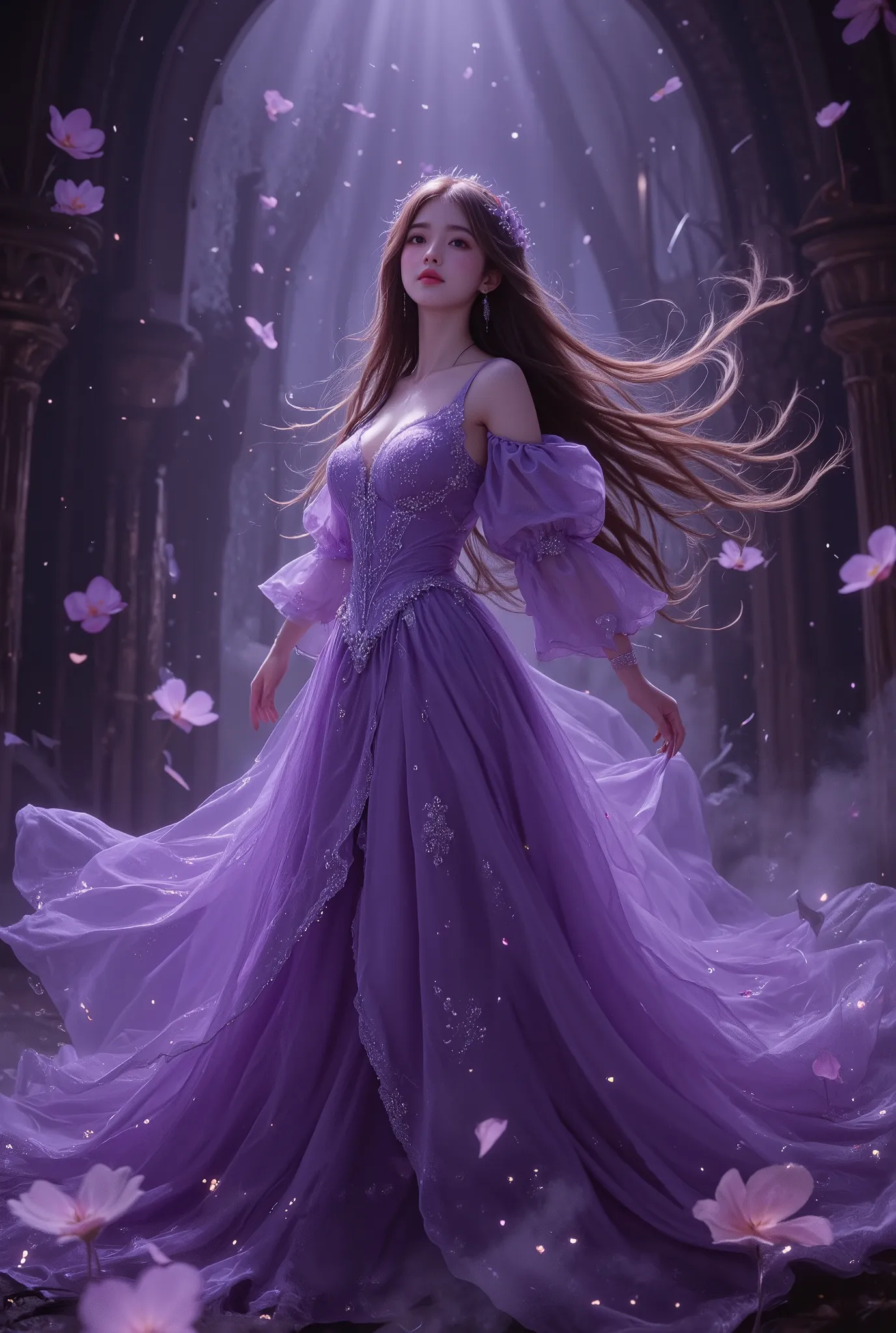 masterpiece, top quality, 1girl, alone, round pupils, long hair, princess, violet dress, fantasy, happy, watchingviewer, cinematic lighting, dramatic lighting, highly detailed, digital painting, intricate details, photorealistic, octane render, 8k, hyperre...