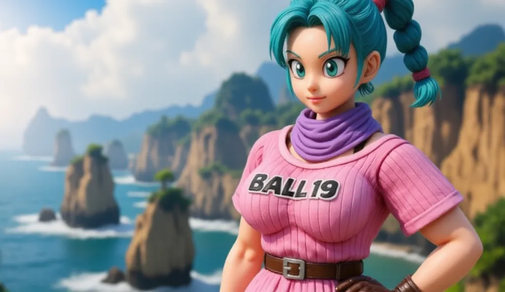 A hyper-realistic, cinematic close-up of Bulma from Dragon Ball, standing confidently in a coastal landscape under the warm sunlight. She has vibrant turquoise hair, neatly braided to one side, secured with a large silky pink bow that reflects the sunlight...