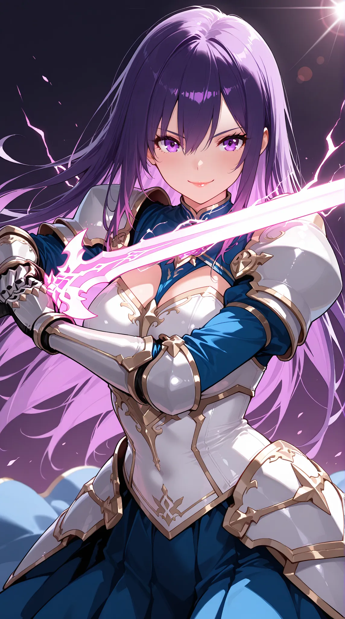 1girl ,natural face,eyelashes,lips gloss,, purple hair,pixie cut,, , straight hair,hairs between eyes,,  female swordmaster, blue skirt, white bustier, gauntlets, beautiful smile, fighting pose, atttack stance, ascii art, lens flare, glowing sword, luminou...