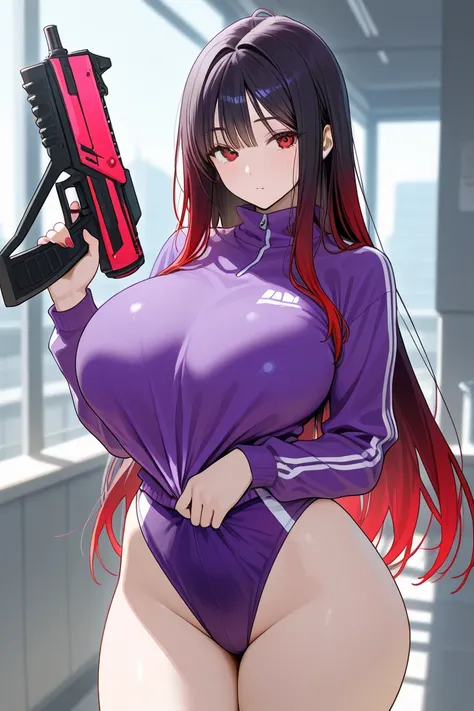 long black and red gradient hair， purple clothes，Big Bust and Big Hips ，girl，Exposure Wear Exposure Wear Exposure Wear Exposure，Handheld Weapon