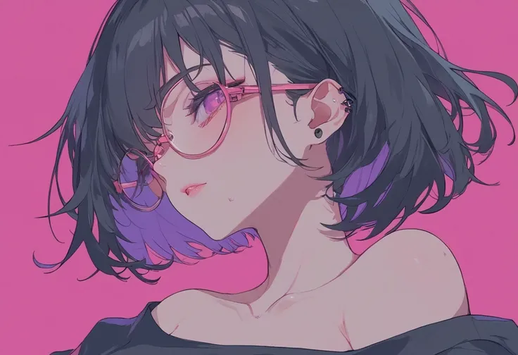 masterpiece, best quality, great quality, very aesthetic, High Resolution, latest, HYPER DETAIL, one girl, flat color, sex, black hair, short hair, Black, hip-hop style, Off Shoulder, Glasses, armpits, high brightness