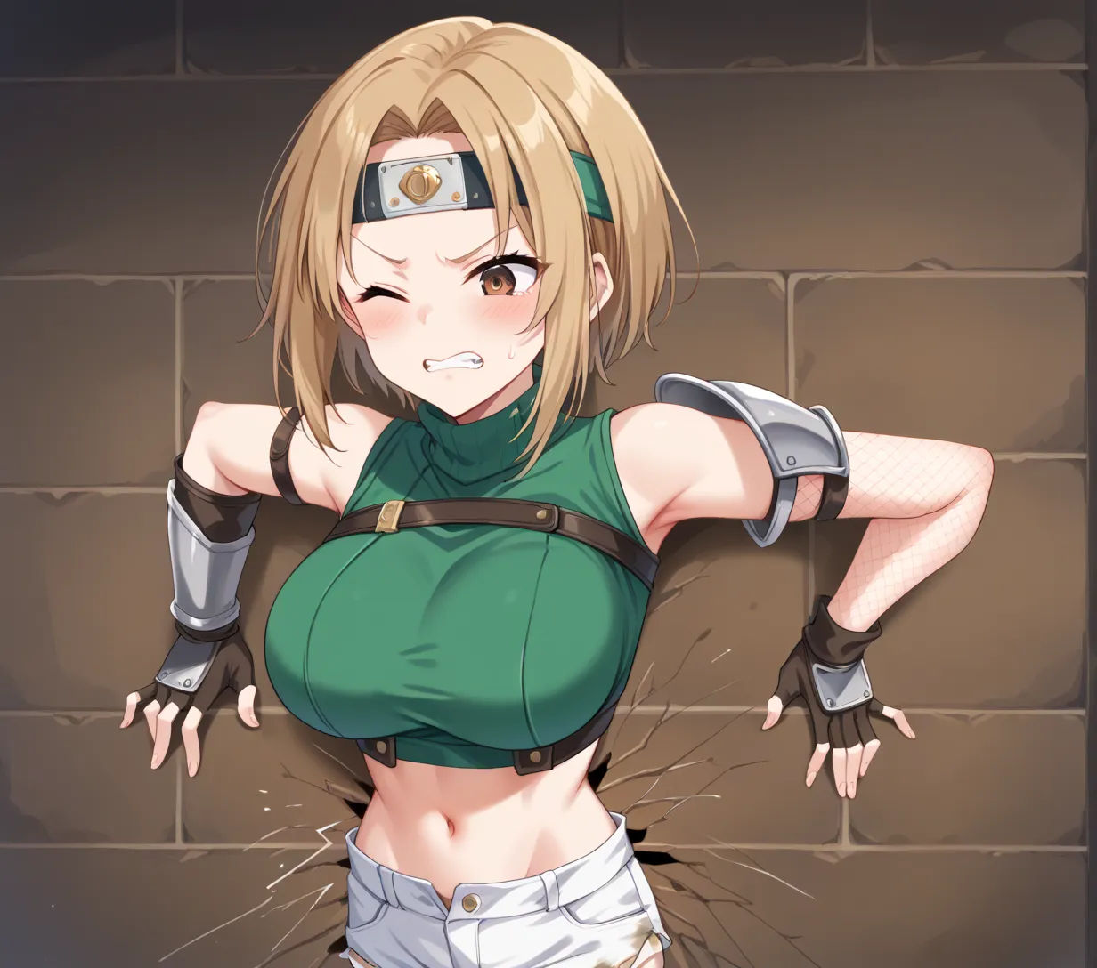 score_9, score_8_up, score_7_up, best quality, masterpiece, source_anime, anime screenshot, BREAK,  1girl, stuck in wall, through wall, from front, masterpiece, best quality, solo, 1girl, yuff7, short hair, brown eyes, forehead protector, green turtleneck,...