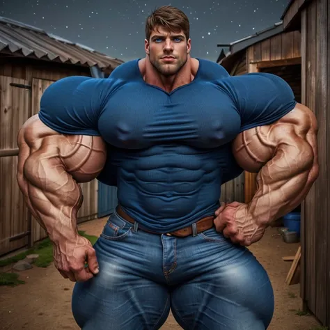 a very handsome man, big eyes, muscular, very muscular, wearing a blue t-shirt and jeans, standing sideways outside a shed at night, seen close up, very huge bíceps, oversize bíceps, bara, brutalmass