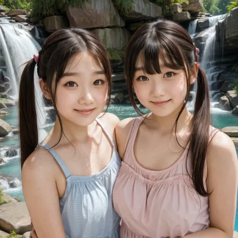 (2Girls)smile, girl, , Minimal , big , pigtail,  pigtail,   pink tank top ,At the waterfall,อกbig1.5