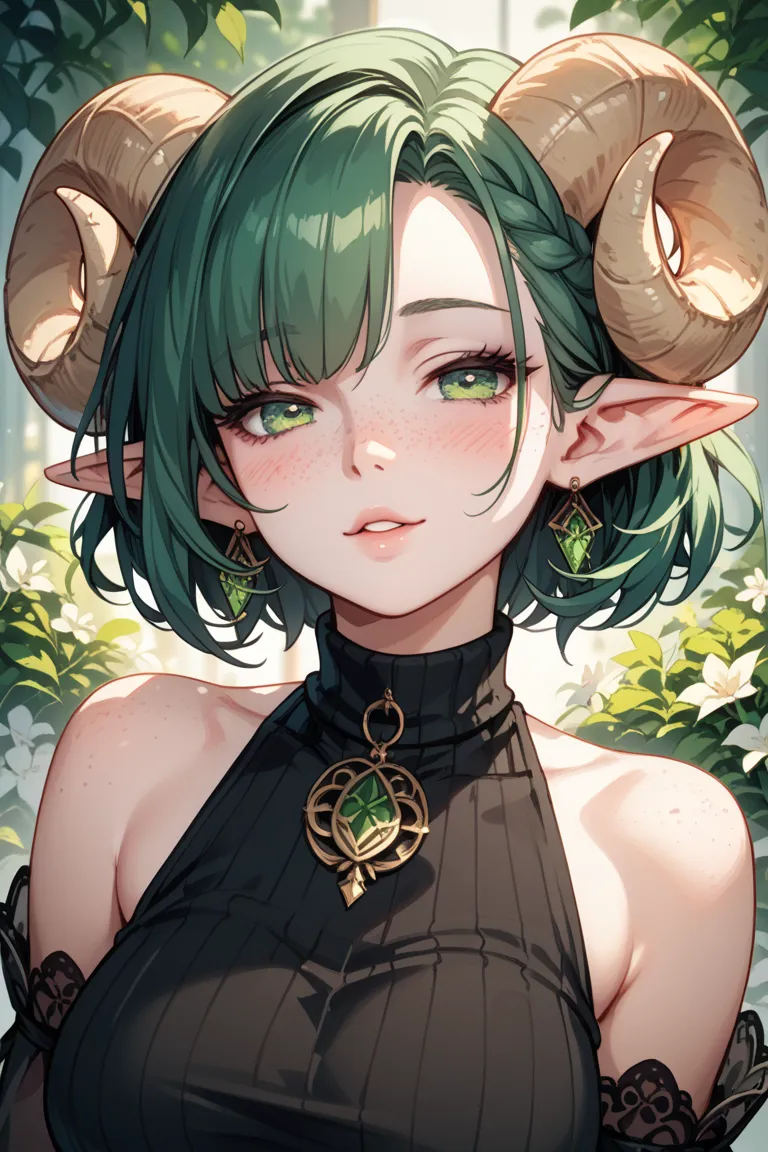 score_9, score_8_up, score_8, 1girl, milf, solo, dark green hair, short hair, ornamental hair, green eyes, pale skin girl, pale skin, freckles, turtleneck, bare shoulders, blush, elf ear, sheep horn, circled horn, big , seductive, sexy_woman, black dress, ...