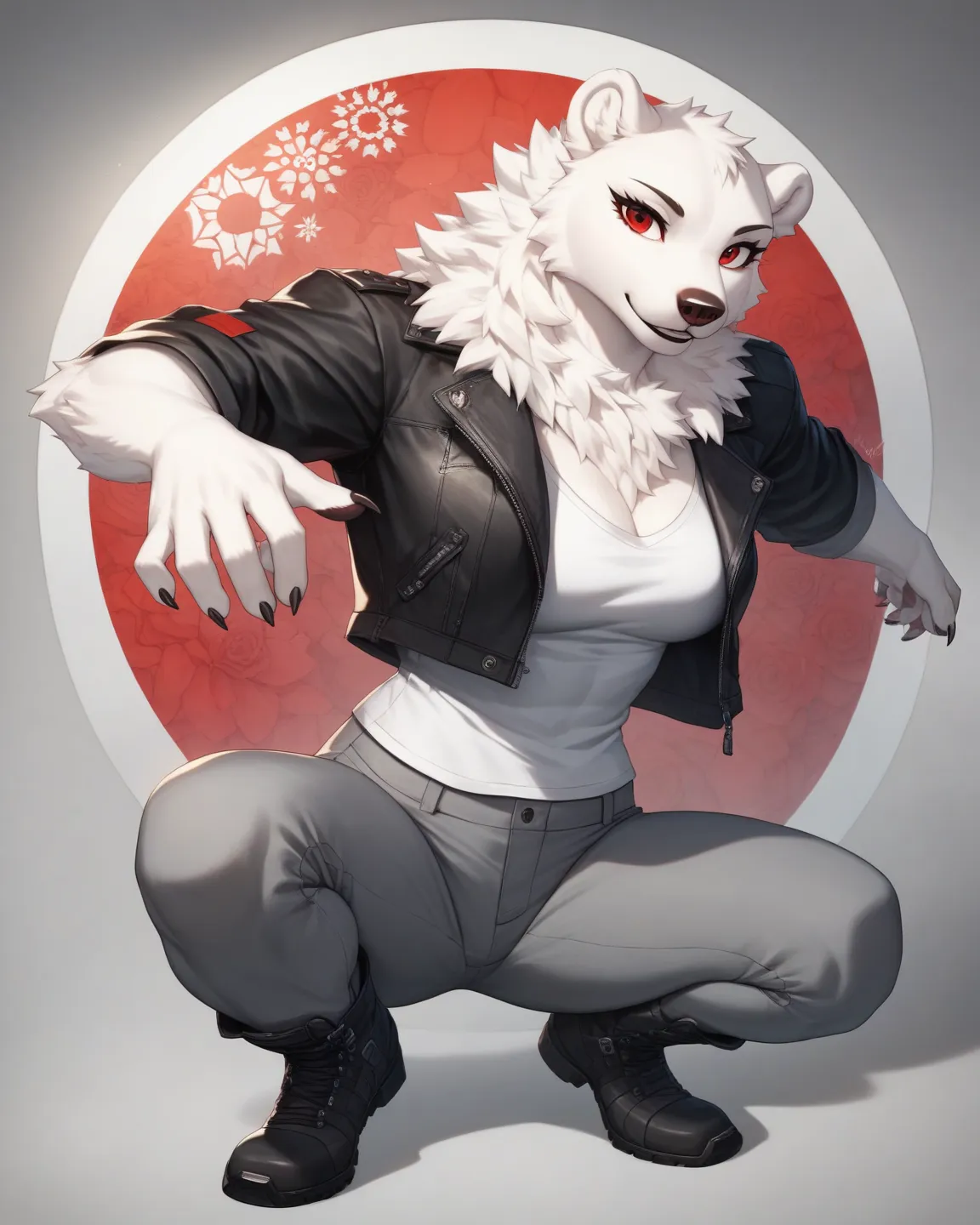 Polar bear, furry, female furry, completely white fur, illustration, best quality, masterpiece, ultra detailed, impressionistic:colorful, red eyes, black jacket, gray undershirt, gray pants, black boots, messy haircut, anime and cartoony artstyle, female a...