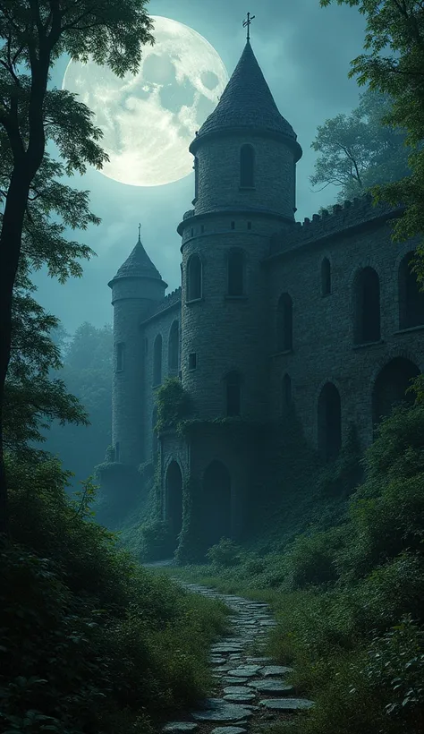 medieval castle, in ((((ruin)))), (dilapidated:1.5), in the middle of a forest under the moonlight