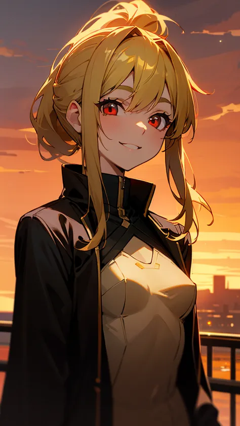 1 girl、small breasts、 black riders jacket、Yellow Hair、 beautiful red eyes 、ponytail、stupid hair、smile、terrace、 golden hour sky、upper body closeup、 sharp outline