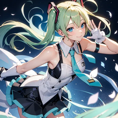 Hatsune Miku, Alone, blonde hair, blue eyes, uniform,  gloves, chest, (( waving)), smile, arms to head 