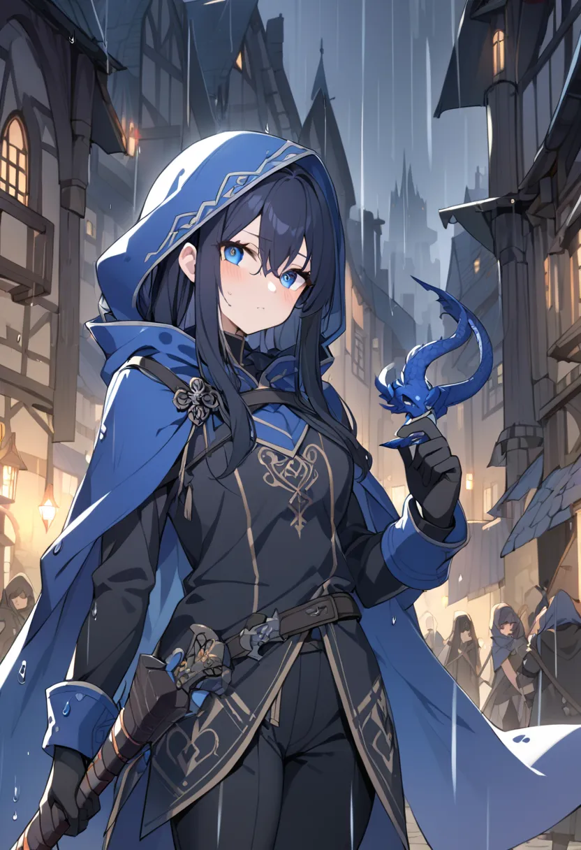 1girl, black long hair, intense blue hooded cape, black pants, black gloves, blue dragon  eyes, in a rainy medieval city, with a sword on a hand, detailed face, detailed clothes, good anathomy, 