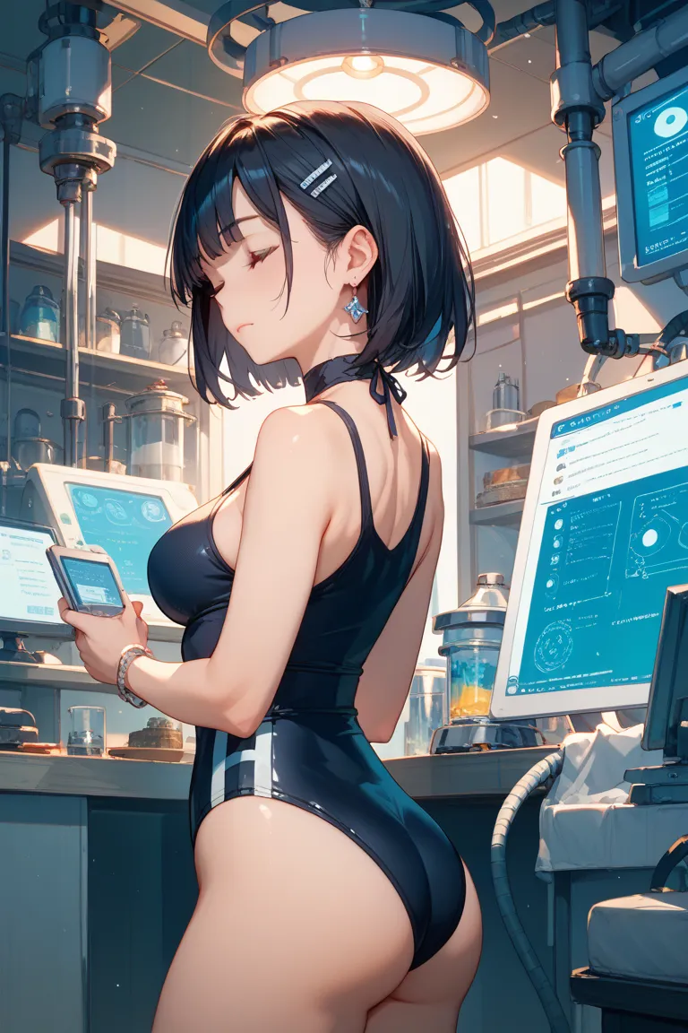 Japanese Refreshing High School Girls、The body has been modified in the laboratory machine、 wearing a black swimsuit、eyes closed、I have black hair and it's hard to back、