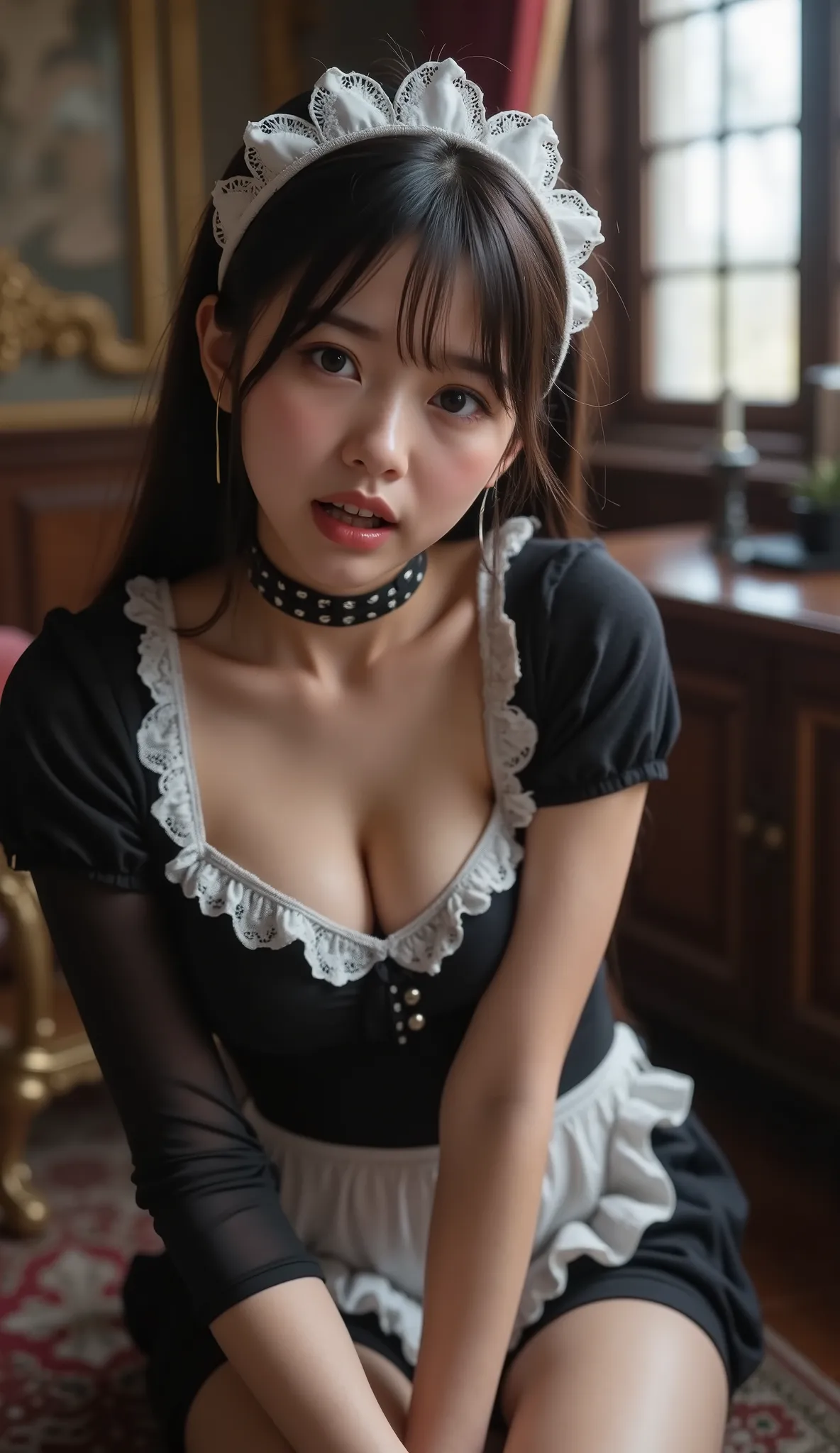 (((nsfw)))、 Japanese、KAWAII、Gothic Maid Costume、black choker、White headband、full lace panty、23 years old、Splits、Being Tortured、painful expression、Western-style room 