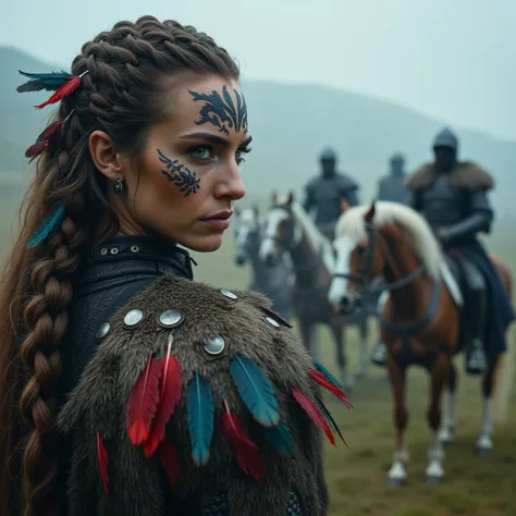 a viking warrior woman with braided hair, war paint on her face, feathers in her long blonde braid, looking up as a knight with a black hood and his black horse and her three ten year old sons with contrasting white hair approach, low key color palette, fa...