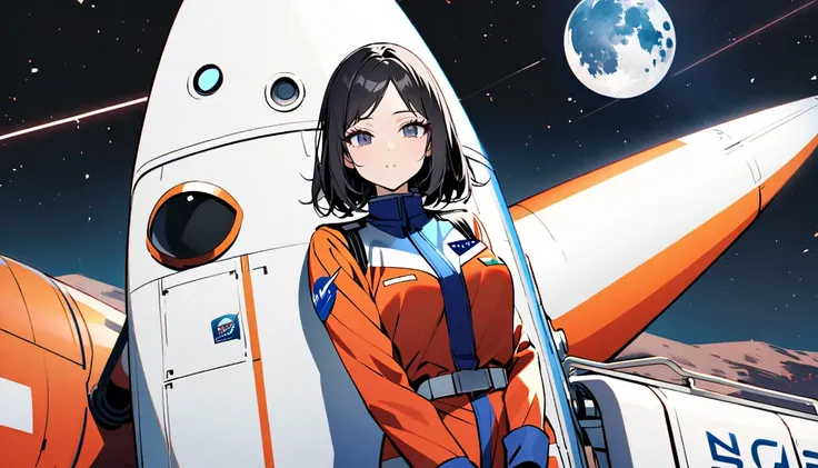 Female NASA employee, blue pilot uniform, long black hair with red mesh, parted bangs, narrow eyes, long eyelashes, posing in front of a rocket going to the moon