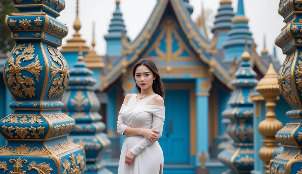 A stunning thai woman posing near the Blue Temple (Wat Rong Suea Ten) in Chiang Rai, contrasting with its vivid hues