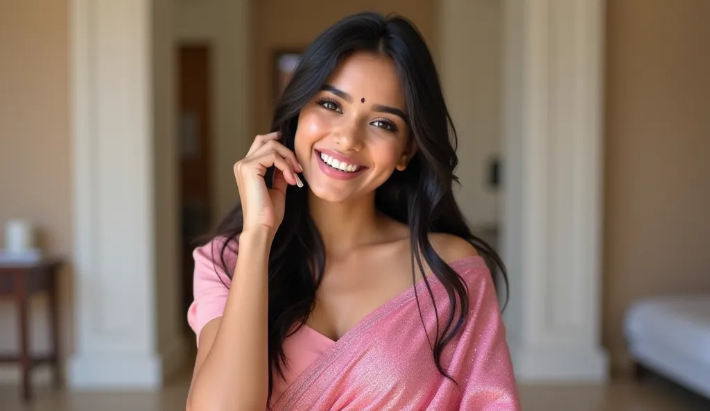 A slim and smart Pakistani girl with a fair pink complexion, tall height, big black eyes, and long black hair. She is wearing a modern pink shimmer saree, (her look bindi not allowed) posing stylishly with one hand on her face while laughing. Her expressio...