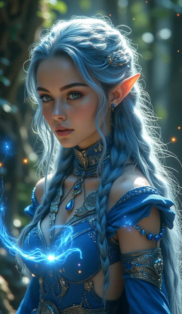 Overview Beautiful young elf with elven ears, Warrior style , bluish silver hair braided down to the lower back, with beads and falling blue wire wick , A blue and silver Xena the Warrior style combat outfit; blue and diamond jewelry adorns her body; A mal...