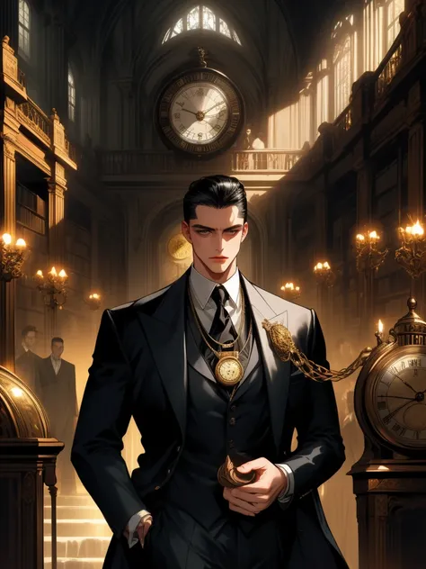 "A tall and imposing figure in a lavish yet dimly lit study, exuding an aura of power and control. His jet-black hair is slicked back, revealing sharp, icy gray eyes that see through everything. He is dressed in a perfectly tailored dark three-piece suit, ...