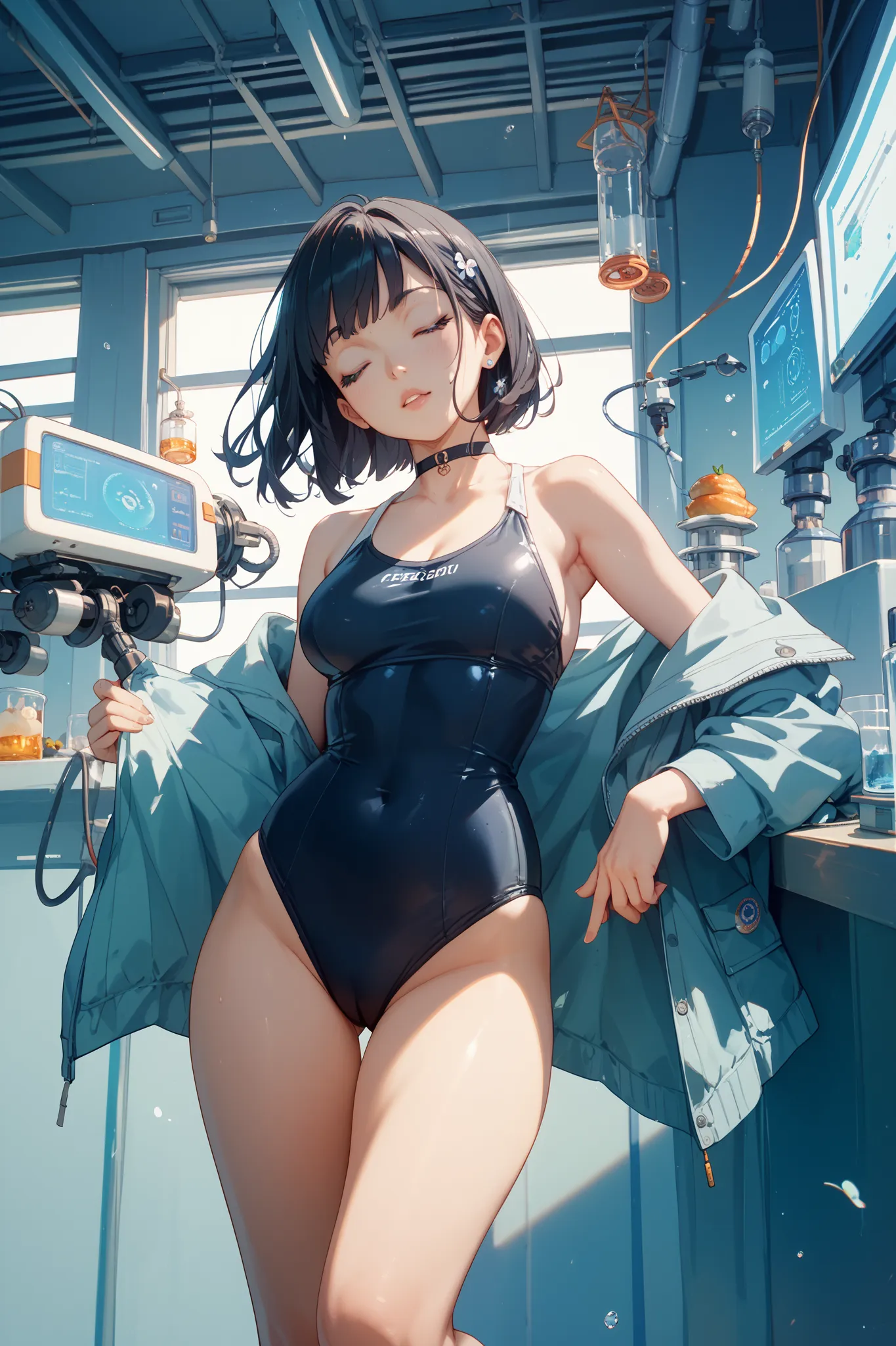 Japanese Refreshing High School Girls、The body has been modified in the laboratory machine、 wearing a black swimsuit、eyes closed、I have black hair and it's hard to back、It's falling down inside the capsule