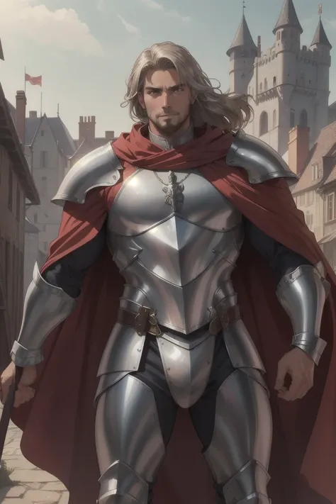 medieval,man,knight,muscles,tanned,siver hair with dark highlights (highlights) almost 40 years old,silver armor adorned with gold,crimson cape,bulge,cheerful,clumsy,magnificent medieval castle background,vibrant color grading,light leaks,high resolution 4...