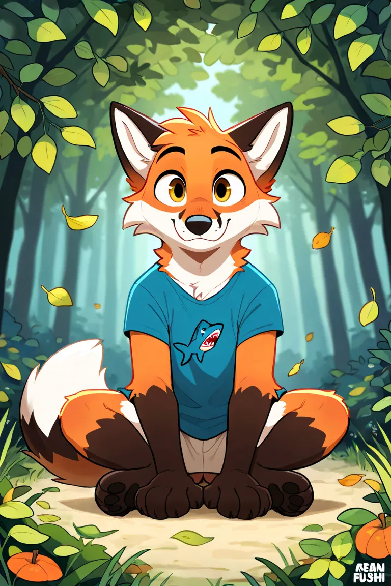 An Orange Male Red Fox that REALLY loves Leaves and Shark Plushies